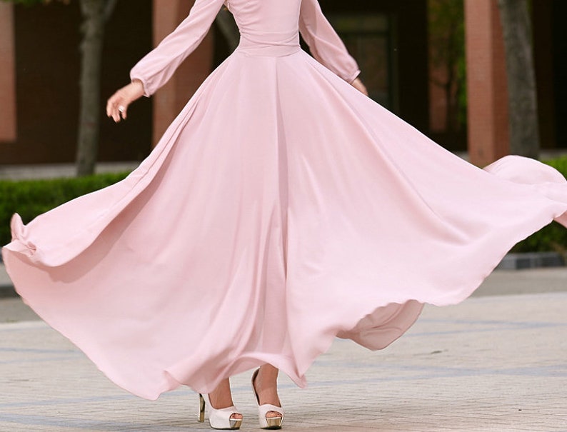 Chiffon dress, Pink dress, Long sleeve Bohemian Swing Chiffon dress, Women Summer spring Fit and Flare Chiffon Maxi dress, Custom dress 2623 image 7