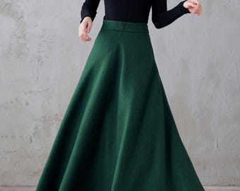 Green Wool Maxi Skirt Women, A Line Long Wool Skirt, Retro