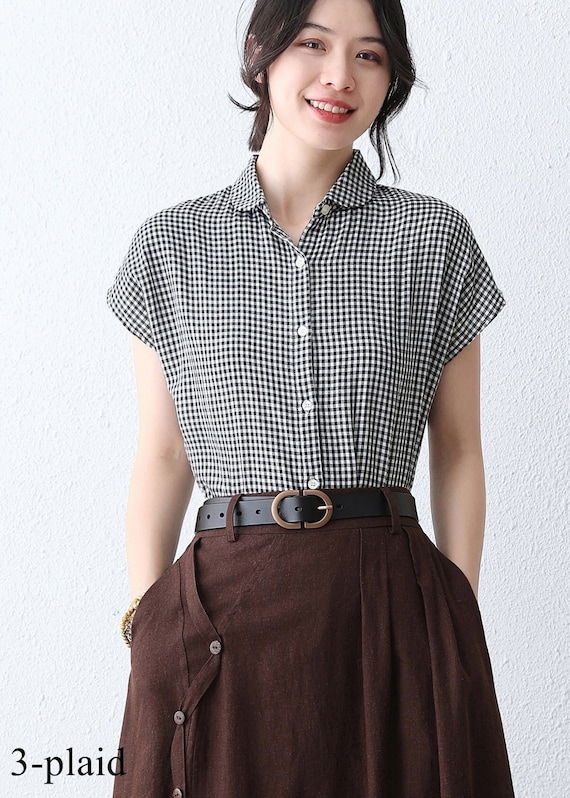 Handmade plaid Linen Blouse with Cap Sleeves 2891 Handmade plaid Linen Blouse with Cap Sleeves 2891