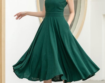 Pinafore Dress, Stylish Deep Green A-line Linen Suspender Dress With Square  Neckline  Perfect for Casual Outings, Garden Parties 5860# - Etsy