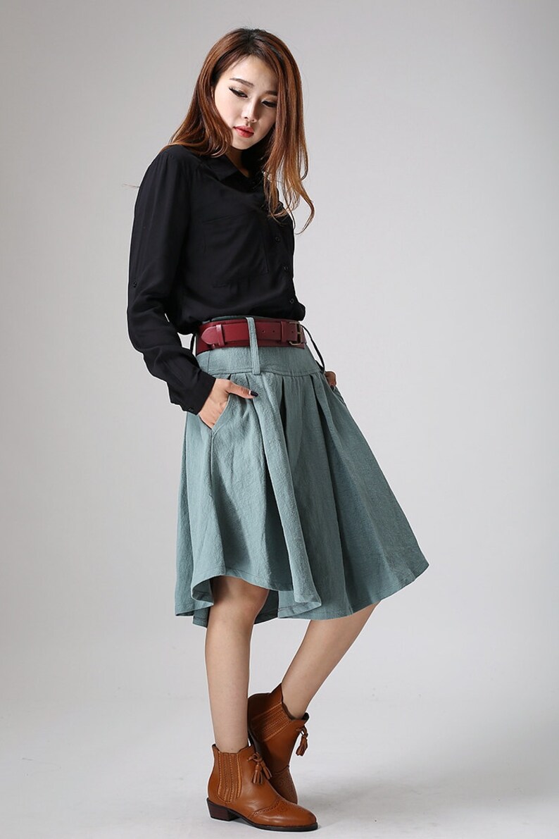 woman linen skirt pleated skirt skirt with pocket extra small skirt customer made skirt womens skirts 0915# midi skirt Green skirt
