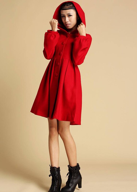 Wool Coat, Winter Coat women, Red coat Vintage, Hooded swing Wool Coat, Winter Coat women, Red coat Vintage, Hooded swing