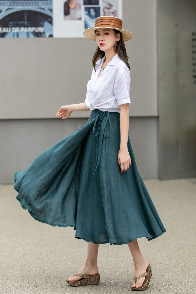 Green Swing Linen Skirt, Wrap linen skirt, Linen Midi Skirt, Linen Skirt with Pockets, A Line Skirt, Spring Custom Skirt, Xiaolizi 4269 image 8