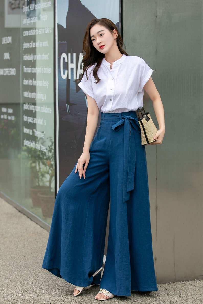 Womens Palazzo Belted Linen Pants, High Waisted Long Trousers, Blue Linen Pants, Women Wide Leg Pants, Custom Pants, Xiaolizi 4276 image 8