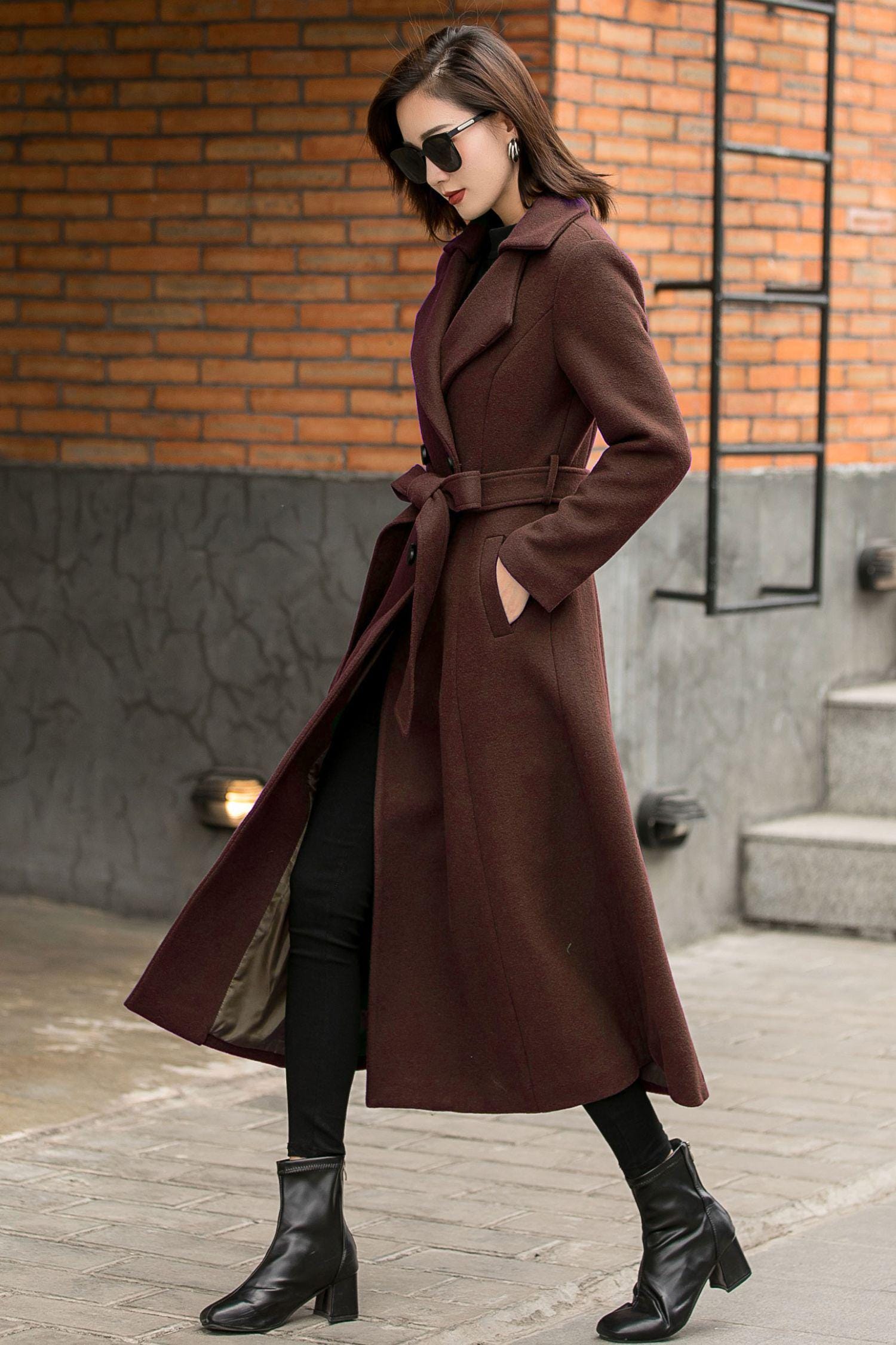 Brown Wool Blend Trench Coat, Long Double Breasted Belted Winter