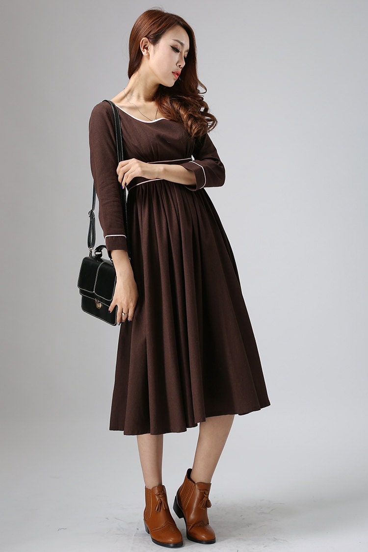 brown tea length cocktail dress Alllist Women's Dresses Spring Tea-Length Tie Front Slip Dress Brown Casual Solid A Line Women's Clothing, Size: XL