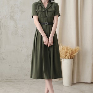 Midi shirt dress for Women, Pleated Shirt work Dress, Green Fit Flare Summer Midi Dress, Military Swing Dress, Short Sleeve Long Dress 2821 image 3