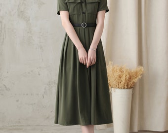olive green military dress Olive Green Pleated Long Sleeve Maxi Dress | Womens | Medium (Available in XXS) | 100% Polyester
