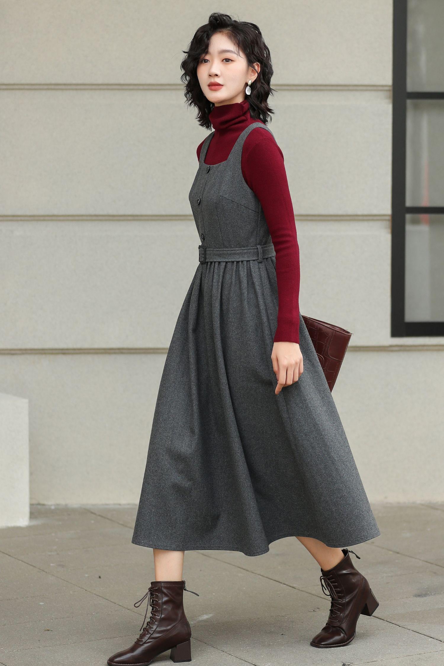 Grey Wool-blend Pinafore Dress: Women A-line Midi Jumper With Belt