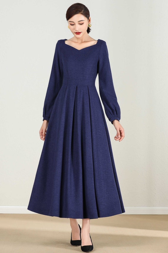 Vintage Wool Dress Long Bishop Sleeve Wool Dress Blue Dress | Etsy