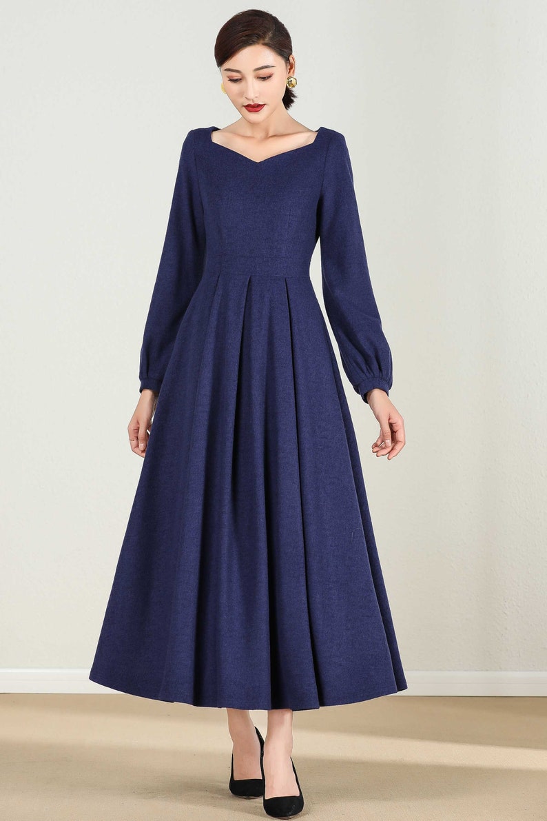Long wool Maxi dress, Long sleeve wool dress, Blue wool dress, Wool dress, Woman dress, fit and flare dress, Autumn winter dress 2430# image 2