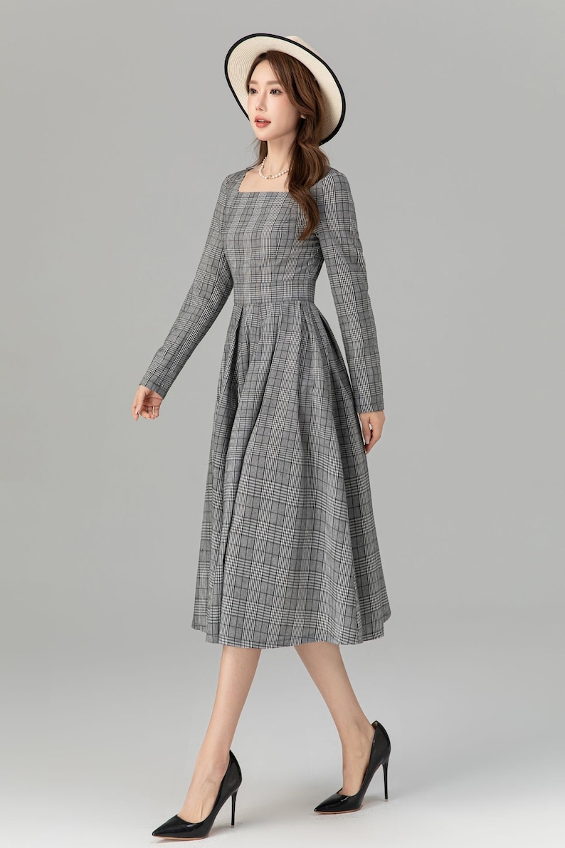 Robe en lin à manches longues pour femme, robe trapèze en lin, robe ajustée et évasée, robe trapèze, robe mod, robe personnalisée, Xiaolizi 4935 image 8