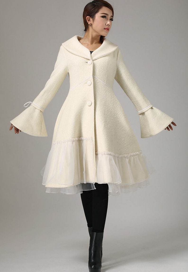 Swing White wool coat, winter wedding coat, wool coat for women, party coat, coat with lace, warm coat, dress wool coat, fashion coat 0725 image 6