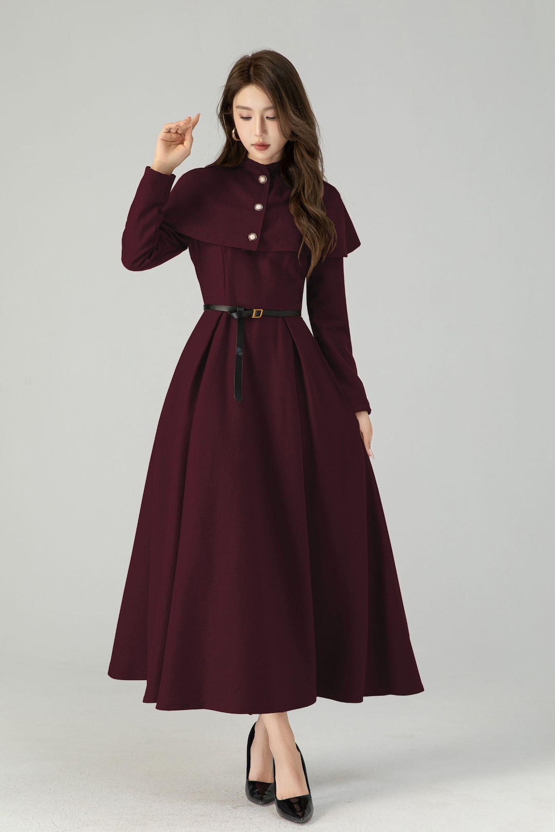 burgundy dress wool Burgundy Wool Vintage Dress Long Sleeve Flared Midi for Autumn Winter 4490 Burgundy / L