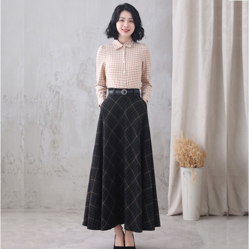 Edwardian Ladies Clothing – 1900, 1910s, Titanic Era     Tartan Long Wool Skirt Women Wool Maxi Skirt Plaid Wool Skirt High Waist Flared Skirt 1940s A Line Skirt Warm Autumn Winter Skirt 3321  AT vintagedancer.com