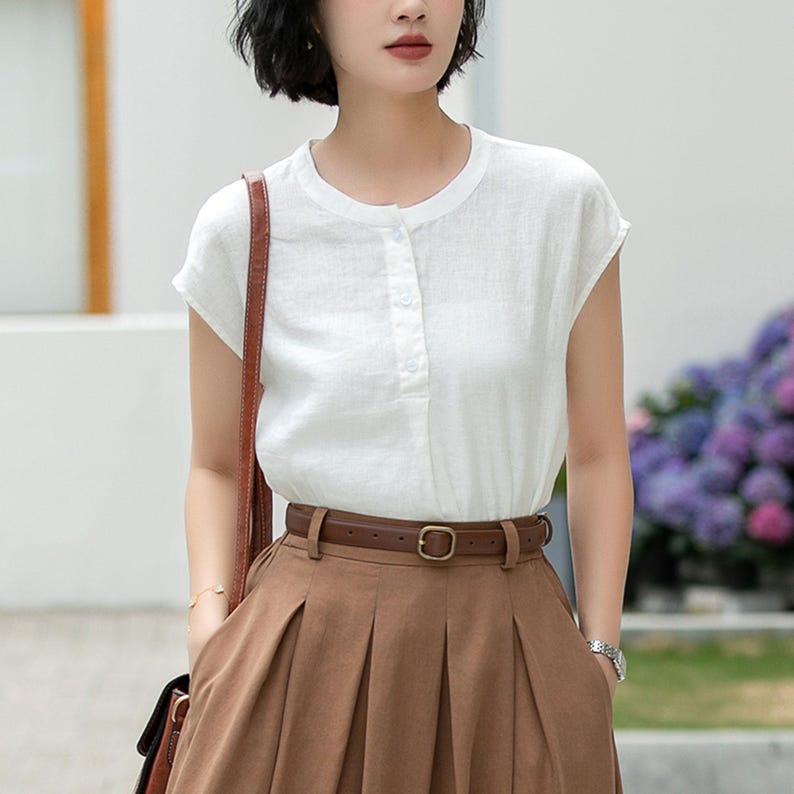 Blusa blanca de lino puro, estilo vintage con botones en la parte delantera, ideal para la oficina en verano, Xiaolizi 5992 imagen 3