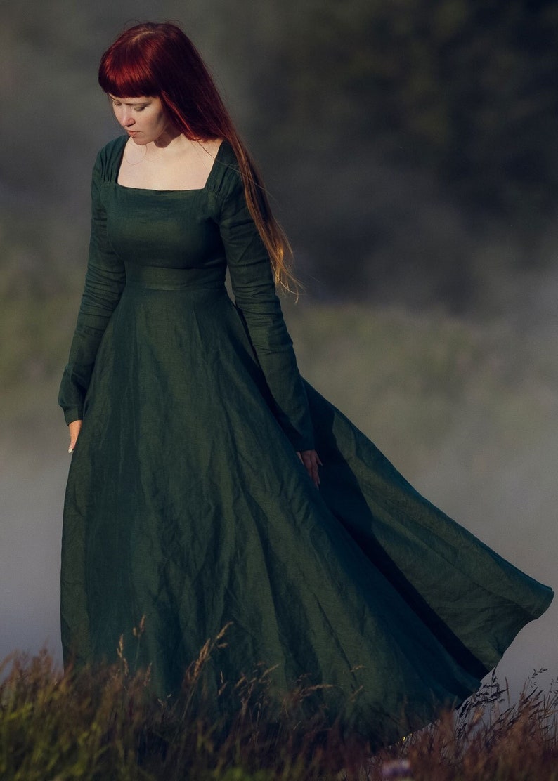 Linen Maxi Dress, Green Long sleeve Linen Dress, Women dress, Fit and flare dress, Swing dress with pockets, Spring autumn dress 3738 image 1