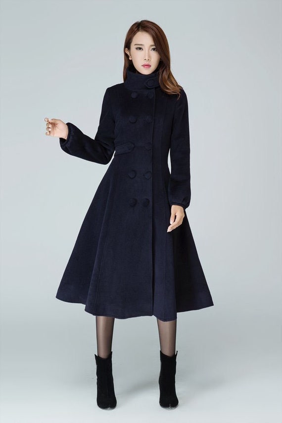 Navy Blue Coat, Wool Coat, Warm Winter Coat, Midi Coat, Womens