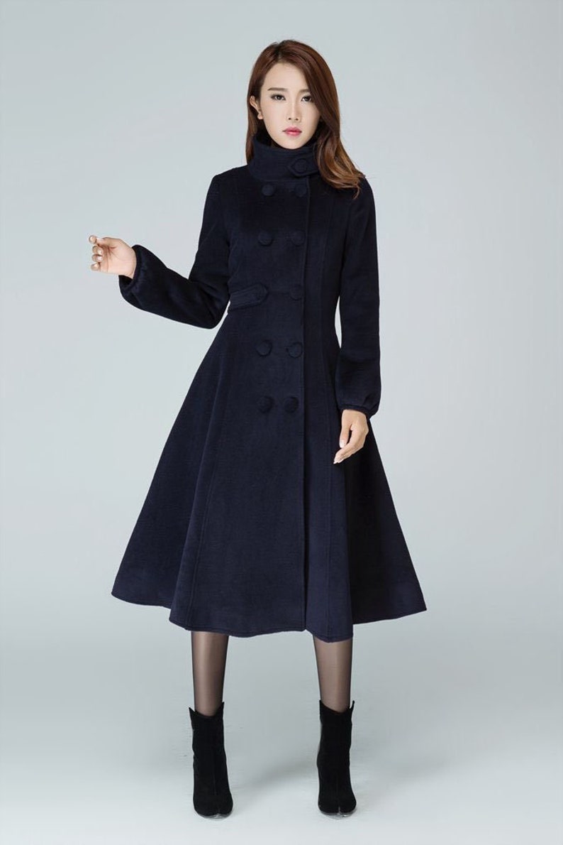 Navy blue coat, wool coat, warm winter coat, midi coat, womens coat, Fitted coat, double breasted coat, high collar, handmade coat 1600 dark blue-1600-17-3#