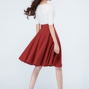 1950s Red Linen Full Circle Skirt, High Waisted Skater Skirt, A Line Midi skirt with Pockets, Flared Swing Skirt, Women's Pleated Skirt 1689 image 4