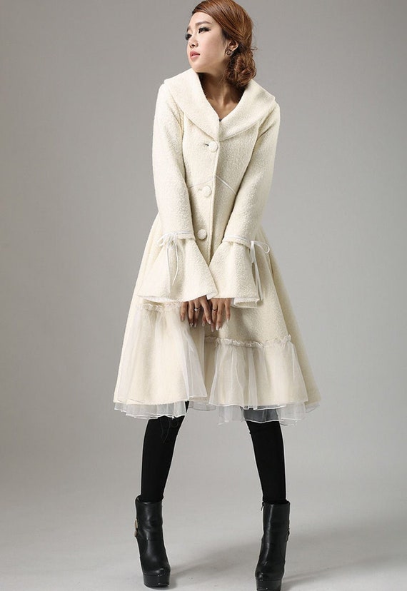 Swing White Wool Coat, Winter Wedding Coat, Wool Coat for Women, Party Coat,  Coat With Lace, Warm Coat, Dress Wool Coat, Fashion Coat 0725 