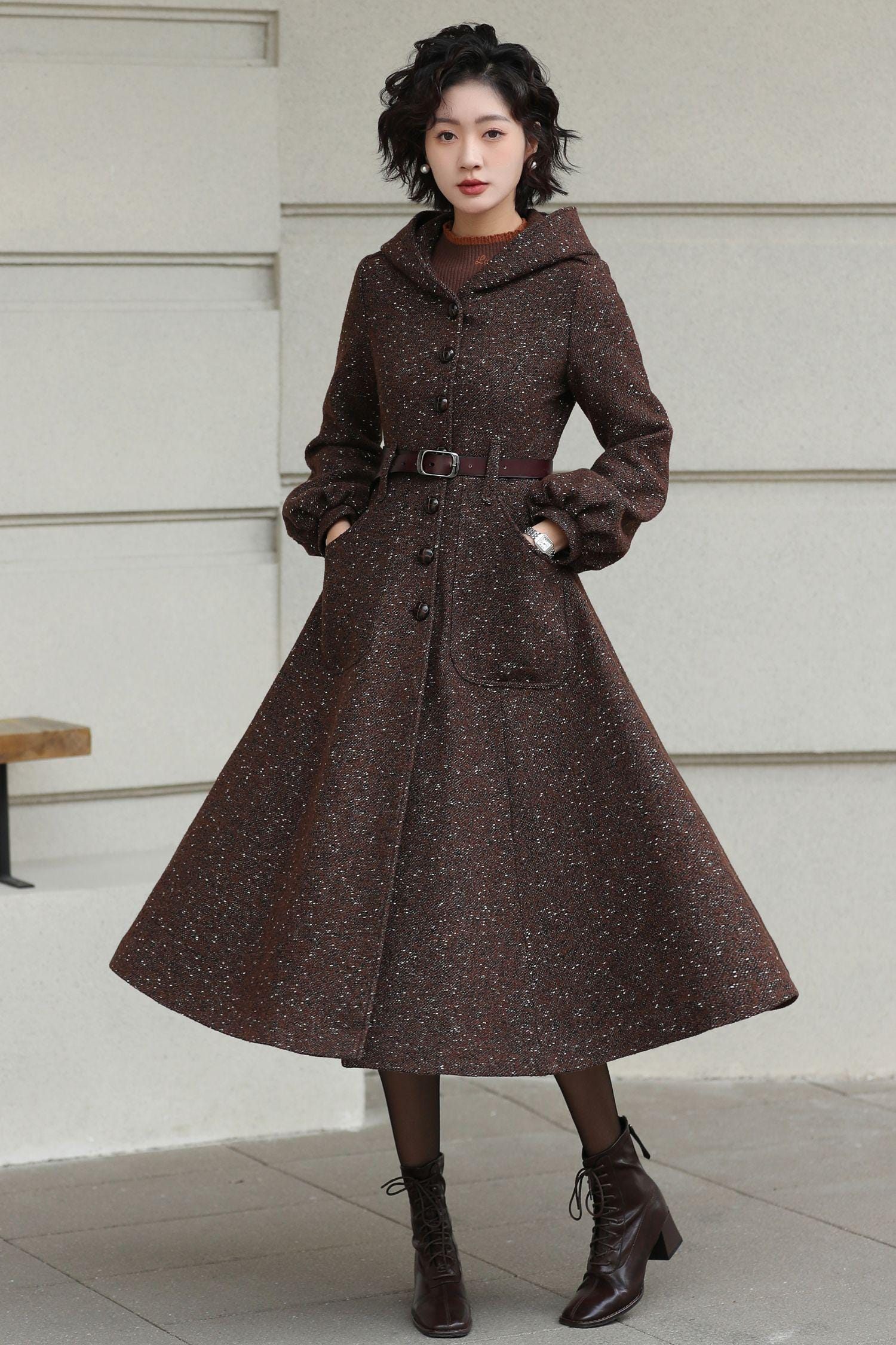 Brown Wool Blend Hooded Coat: Long A-line Winter Overcoat With
