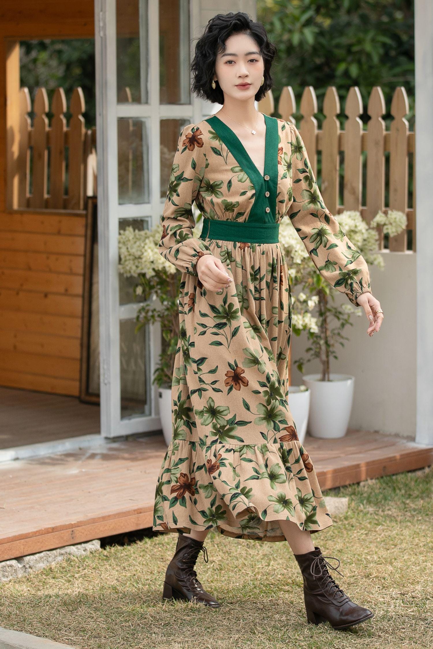Natural Linen Floral Midi Dress: V Neck Long Sleeve Ruffle Hem Dress, Custom, Xiaolizi 6693#