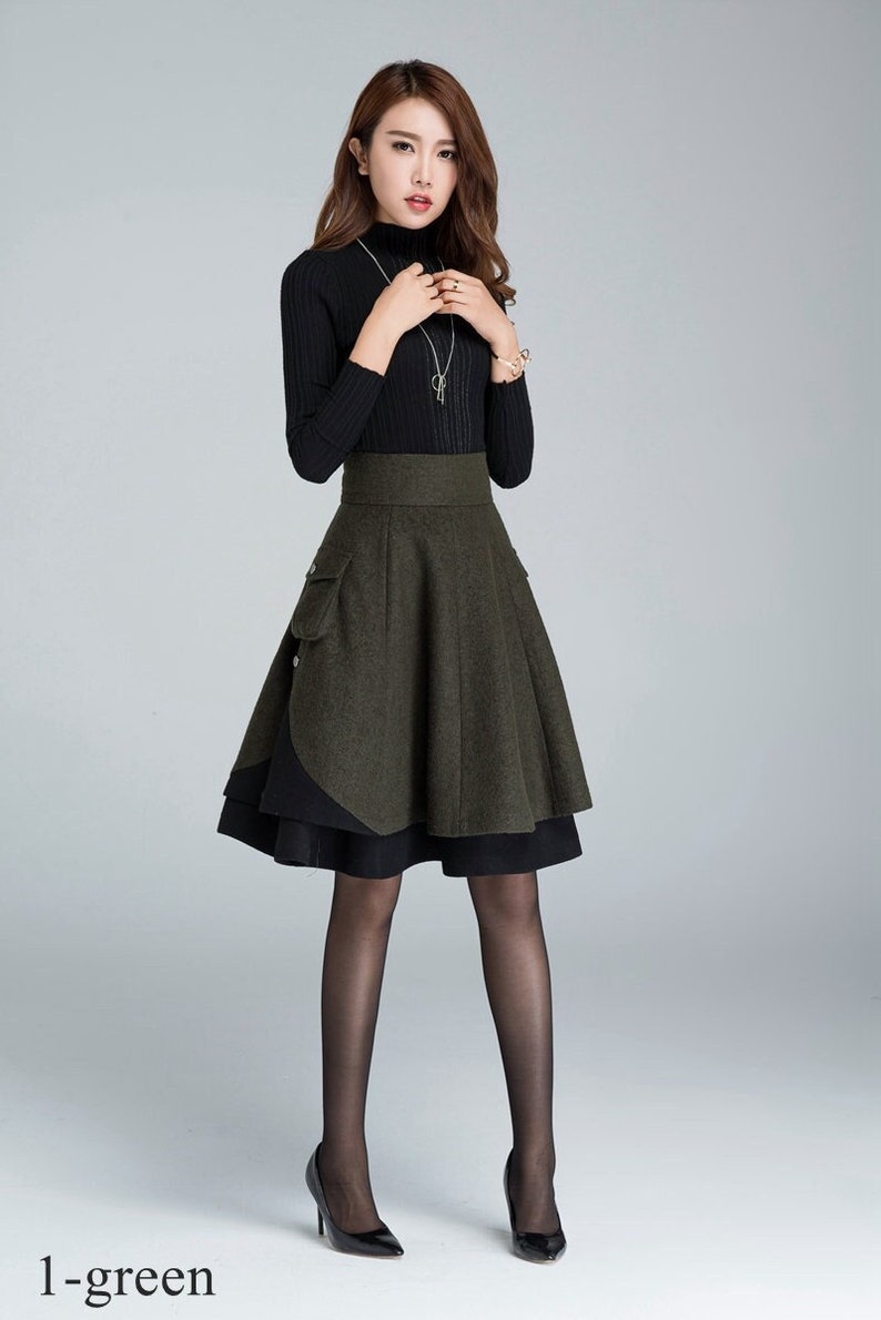 Winter Skater Wool Skirt Women, Wool Midi Skirt with Pockets, High Waist Layered Skirt, Patchwork Skirt, Wool Circle Skirt, Xiaolizi 1627 1-green-1627#