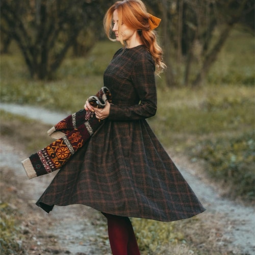 fit and flare dress winter Brown Wool Fit and Flare Midi Dress with Belt