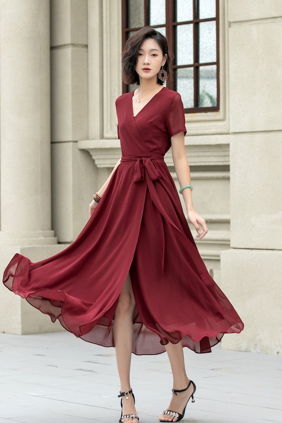 Burgundy midi fit and flare prom chiffon dress 5222 Burgundy midi fit and flare prom chiffon dress 5222