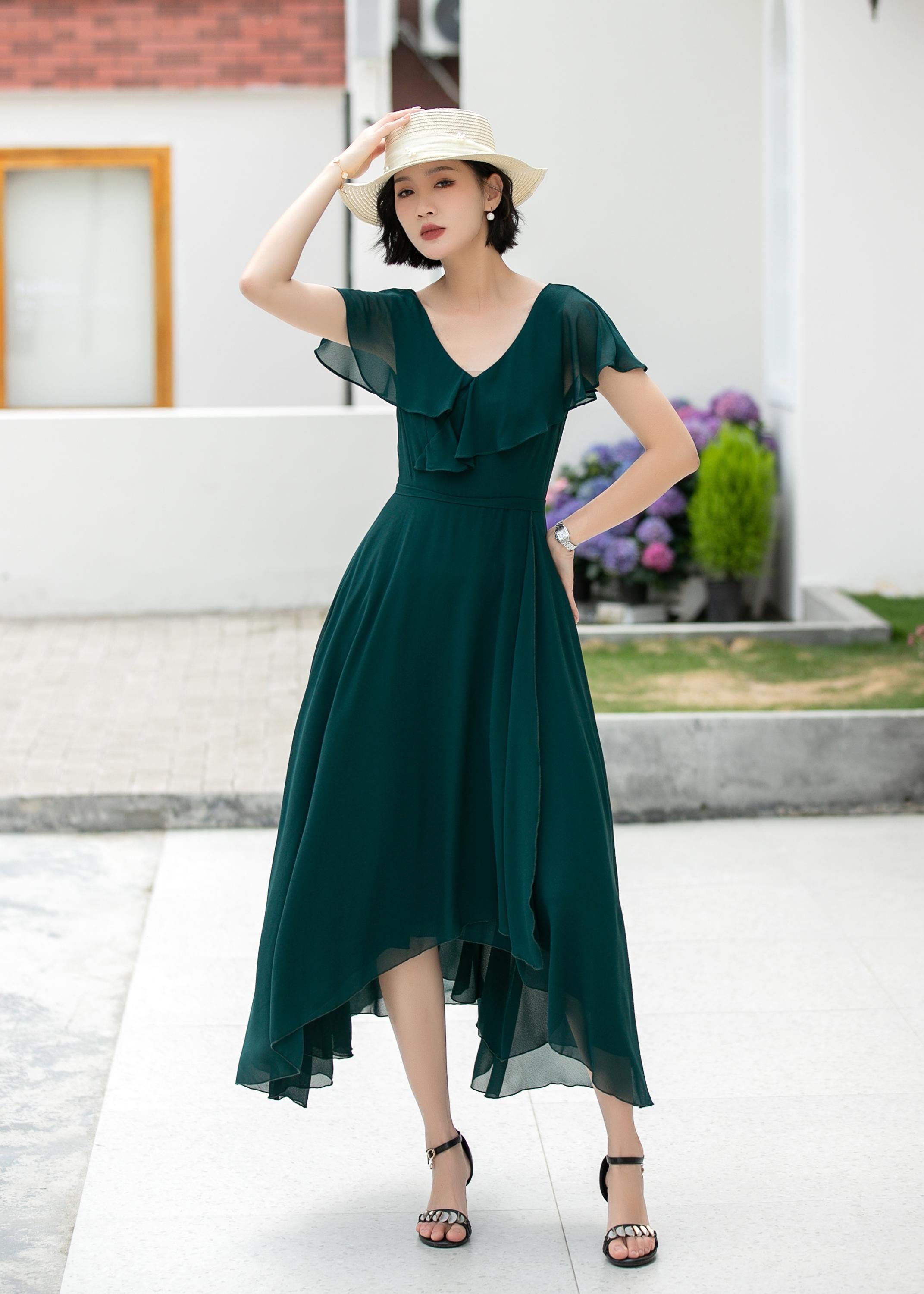 Green Chiffon V-neck Swing Dress: Asymmetrical Hem, Summer Party