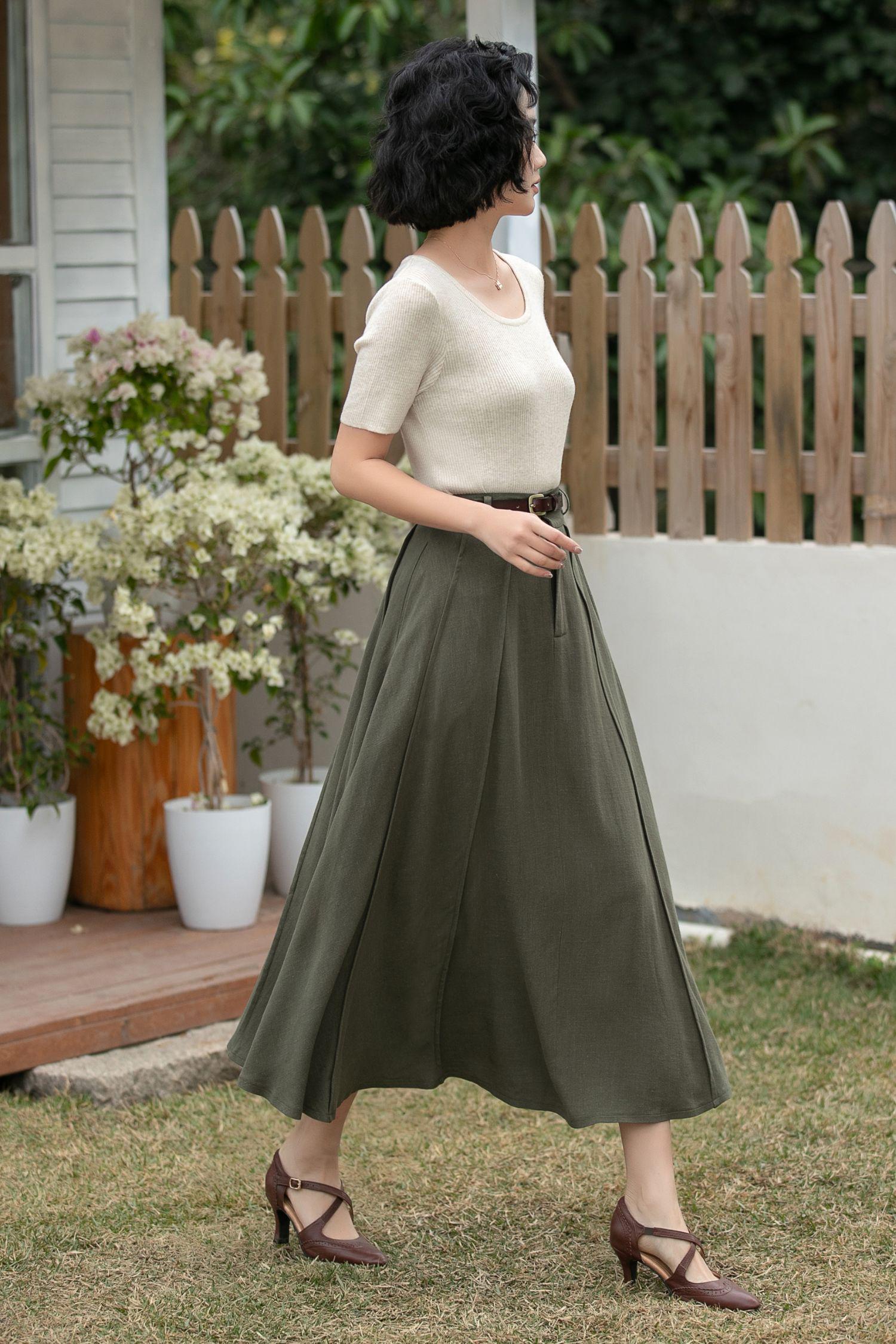Army Green Linen Maxi Skirt: High Waisted A-line Pleated Flowy