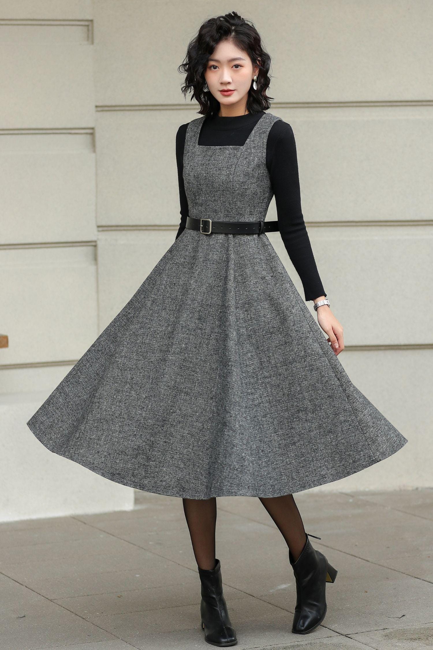Vintage Inspired Wool Pinafore Dress: Grey Tweed A-line Midi