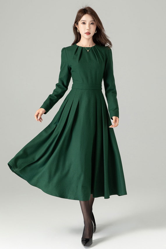 Green Wool Dress, Fit and Flare Wool Dress 4494 Green Wool Dress, Fit and Flare Wool Dress 4494