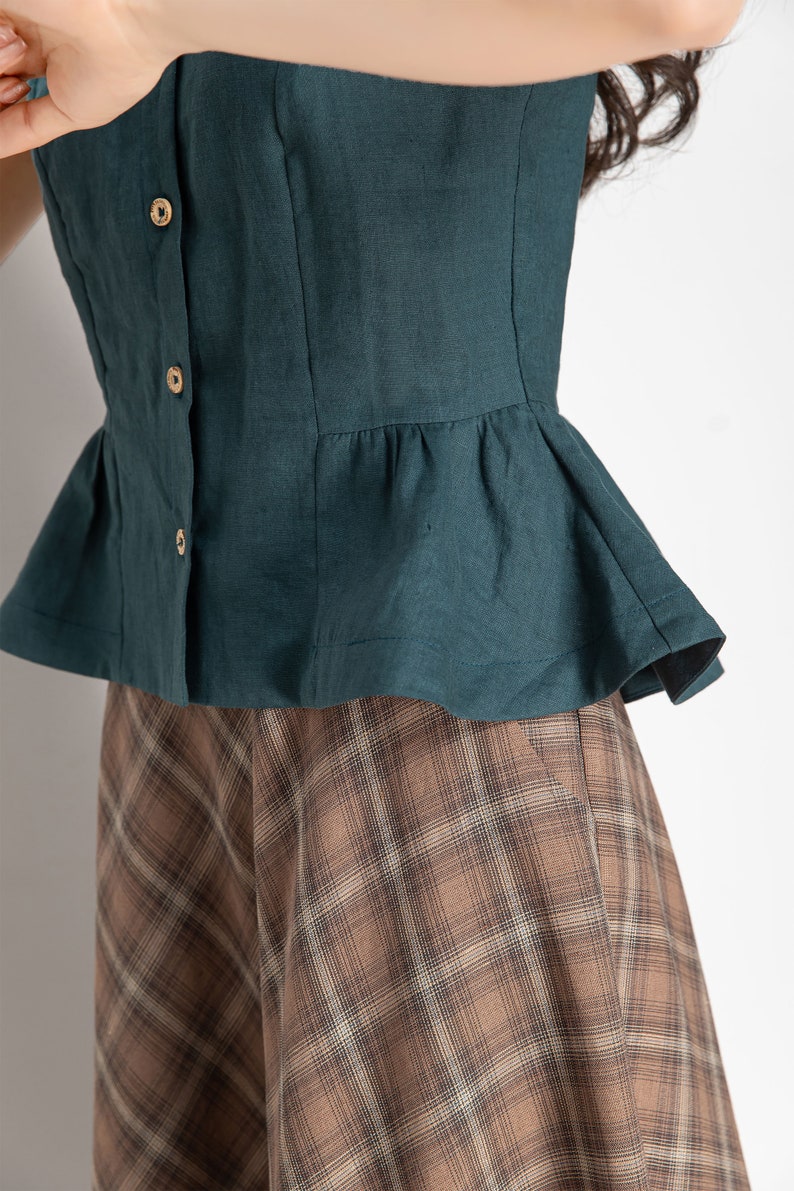 Women Green Sleeveless Button Up Linen Shirt, Summer Linen Shirt, Retro Ruffle Sleeve Linen Shirt, Loose Shirt, Causal Handmade Tops 4251 image 10