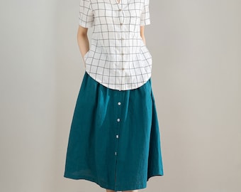 Casual Travel, White and Black Plaid Linen Shirt, Womens Short Sleeve Casual Linen Blouse, Handmade XiaoLizi's Orginic Linen shirt 4206#