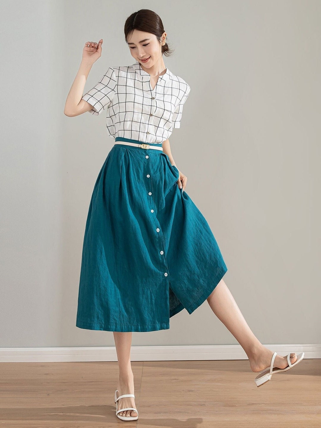 Blue Linen Skirt, Button Front Midi Skirt, Womens Linen Midi Skirt, A