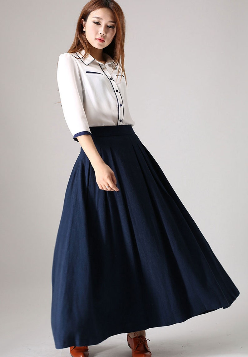 Pleated maxi skirt, Long linen skirt, Blue skirt, linen skirt, modern skirt, skirt with pockets, linen clothing, spring summer outwear 0855 image 4