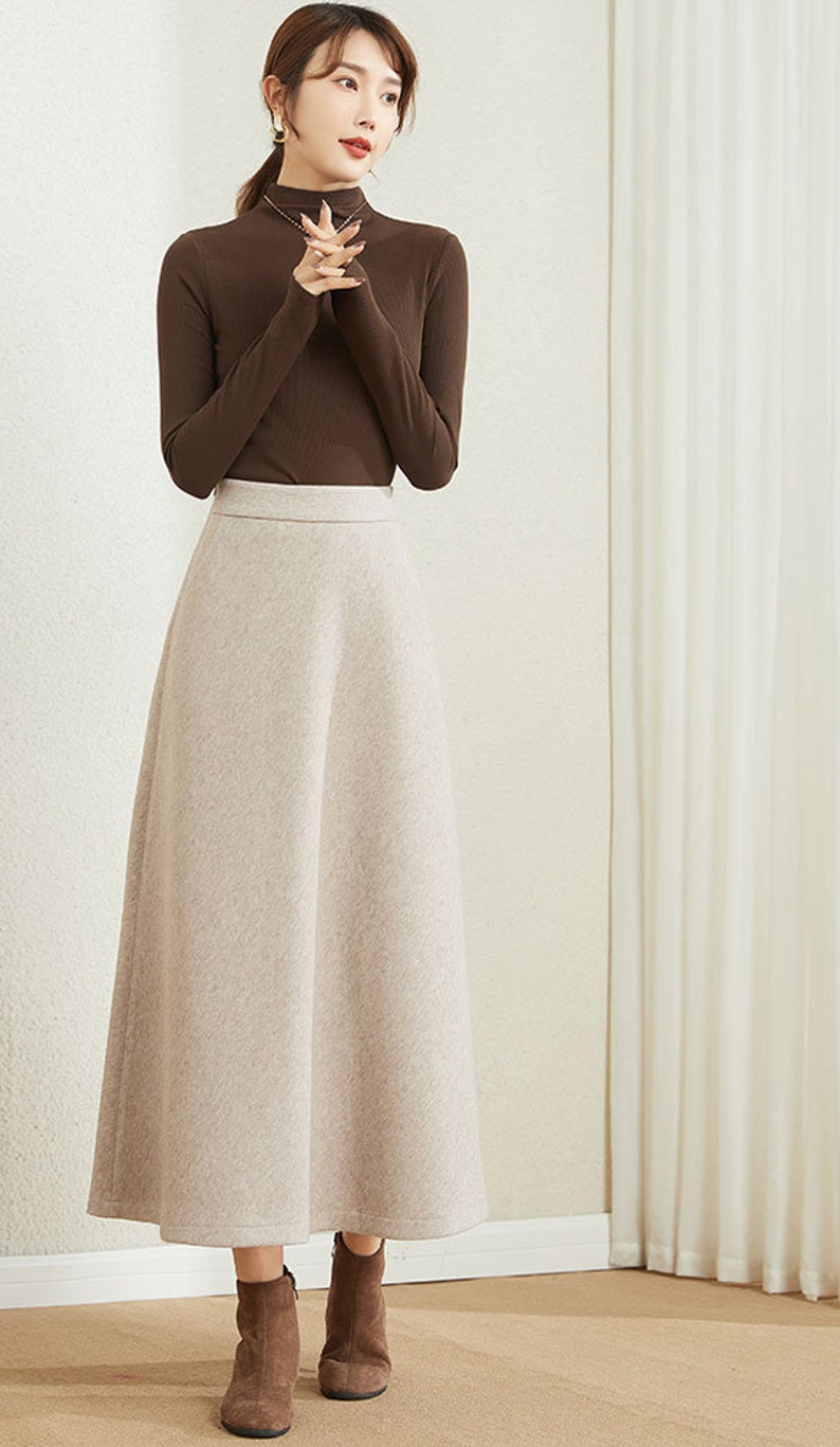 A-Line wool skirt, Beige wool skirt, Long wool skirt, Women's wool skirt with pockets, Casual skirt, Autumn winter outfits, Xiaolizi 3861 image 2