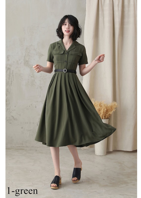 Midi Shirt Dress for Women, Pleated Shirt Work Dress, Green Fit Flare  Summer Midi Dress, Military Swing Dress, Short Sleeve Long Dress 2821 