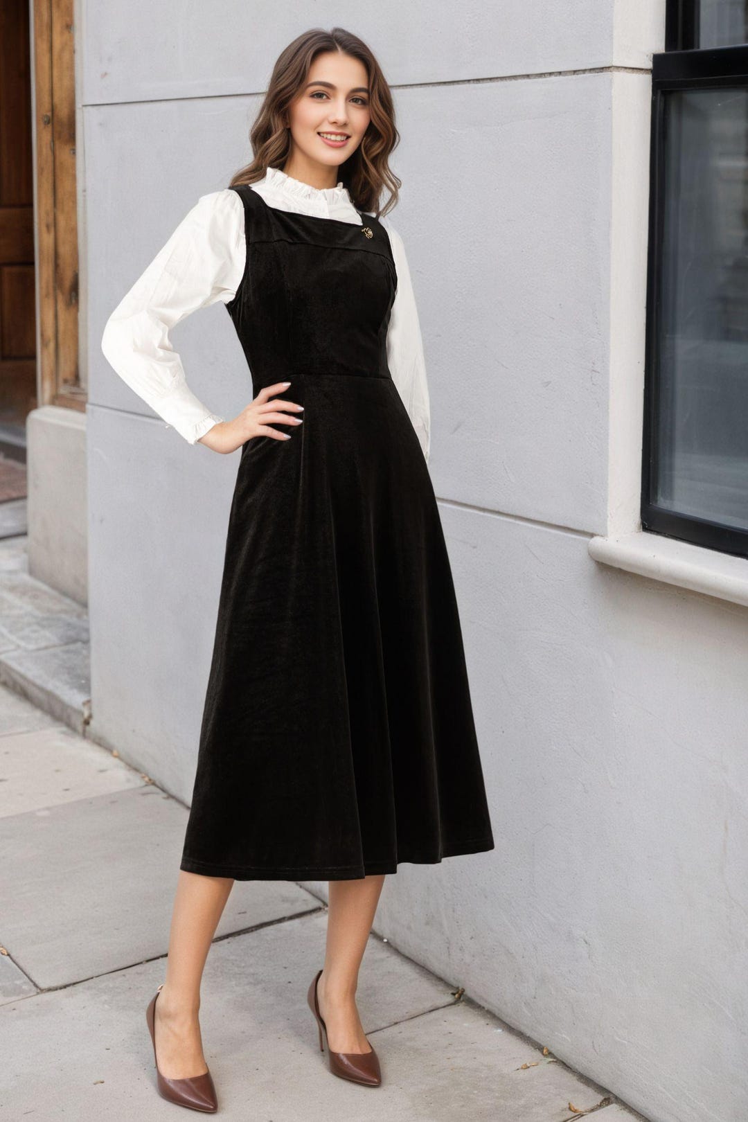 Women's Vintage Inspired Corduroy Midi Pinafore Dress for Women