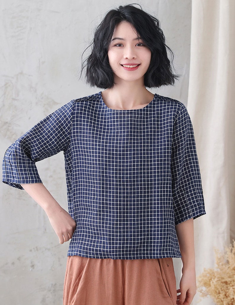 Blouse en lin ample, haut en lin blanc, chemise en lin grande taille, haut d'été pour femme, haut surdimensionné, haut en lin pour femme 77711 blue plaid-3336