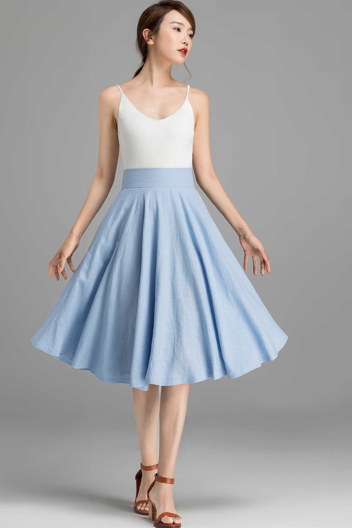High Waist Linen Skirt Summer Blue Linen Midi Skirt Skater - Etsy