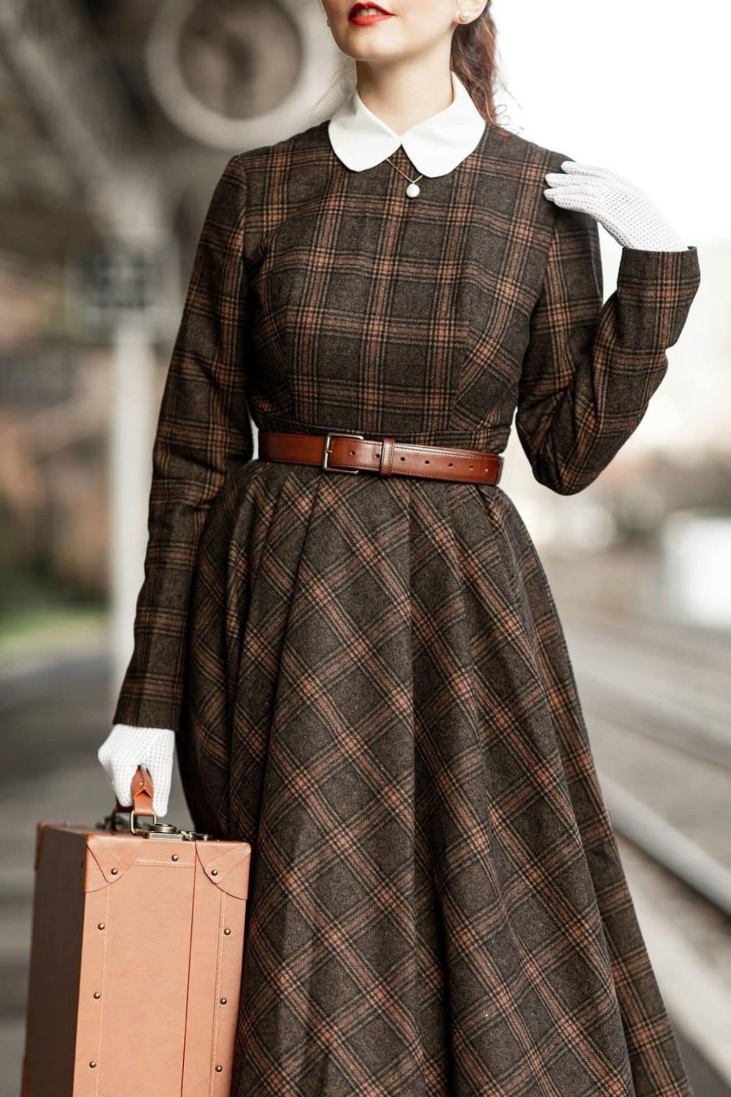 Plaid Wool Fit & Flare Dress: Long Sleeve Winter Midi, Vintage Inspired, Xiaolizi 5297