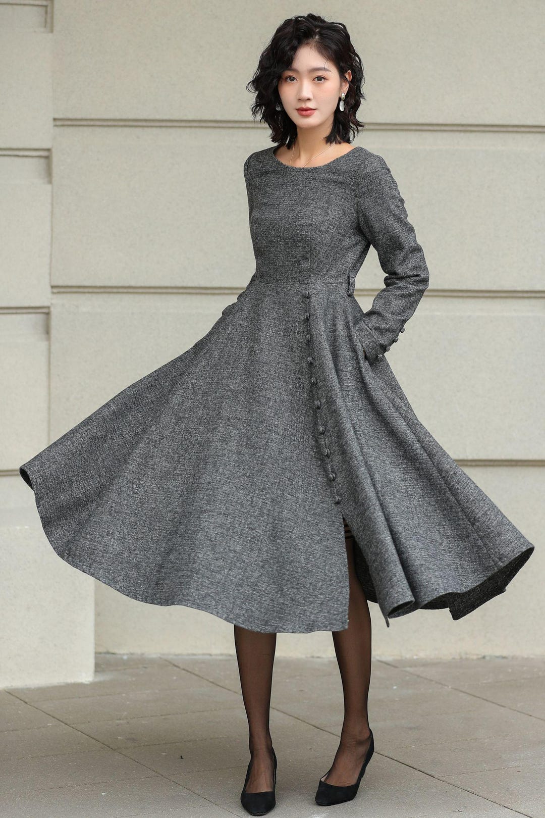 princess polly baby blue dress Gray Wool Dress, Midi Wool Dress, Winter Wool Dress Women, Long Sleeves  Wool Dress, Fit and Flare Dress, Womens Dresses, Custom Dress L0636