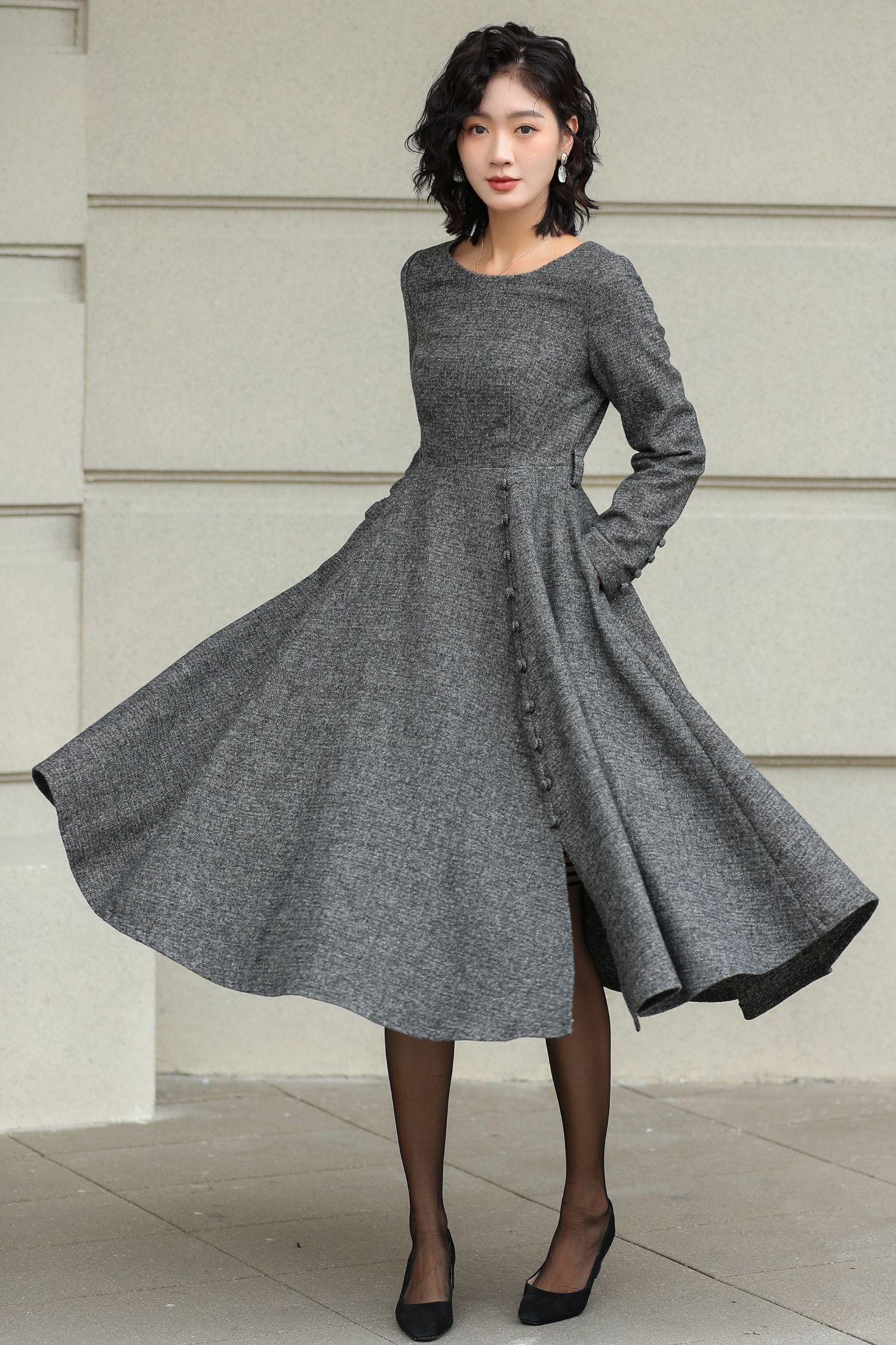 Wool Midi Dress With Belt: Elegant A-line Fall Winter Dress 6423
