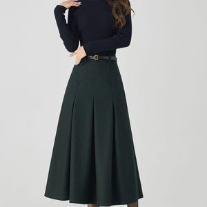 Burgundy Wool Midi Skirt: Pleated A-Line Skirt with Pockets, Custom, Xiaolizi 6332# 2-Dark green