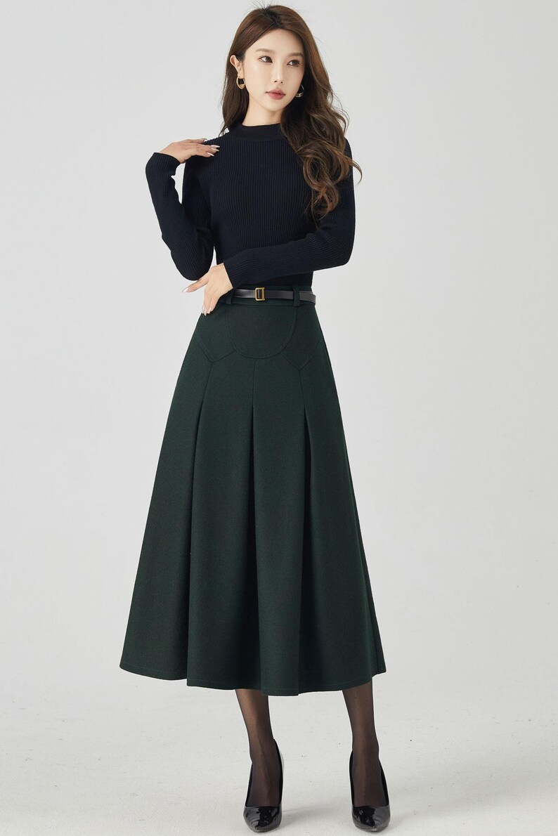 Burgundy Wool Midi Skirt: Pleated A-Line Skirt with Pockets, Custom, Xiaolizi 6332# 2-Dark green