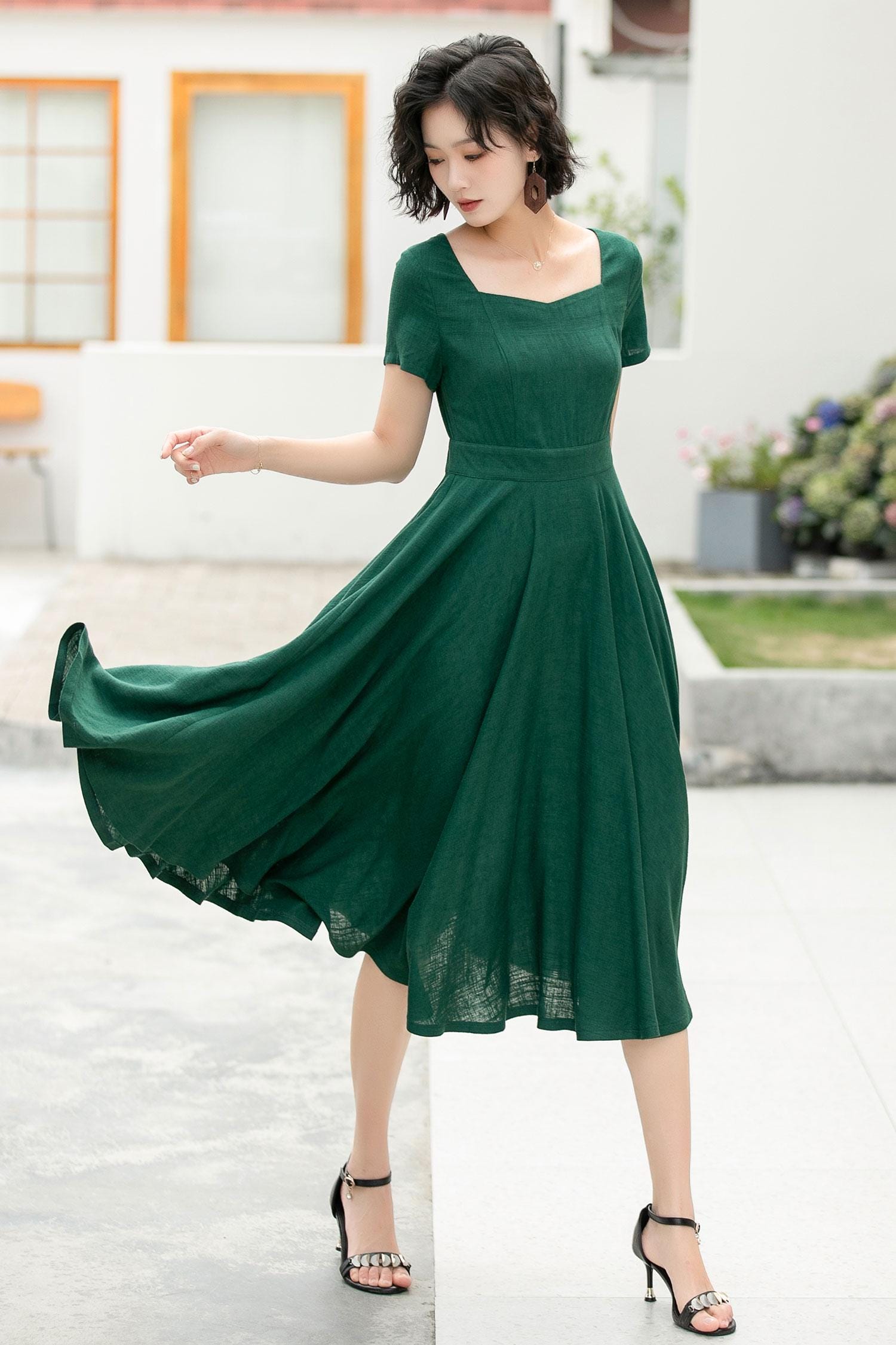 Fit And Flare Maxi Dress Green Linen Pinafore Dress Set For Women, Long Linen Dress With Fit And Flare Maxi Dress Green Linen Pinafore Dress Set For Women, Long Linen Dress With