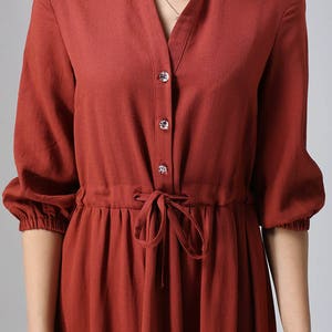 Rust Red Linen Shirt Dress, Casual Linen Maxi Dress with Drawstring, Custom Long Sleeve Swing Dress, Button down Retro Fall Dress 0804 image 5